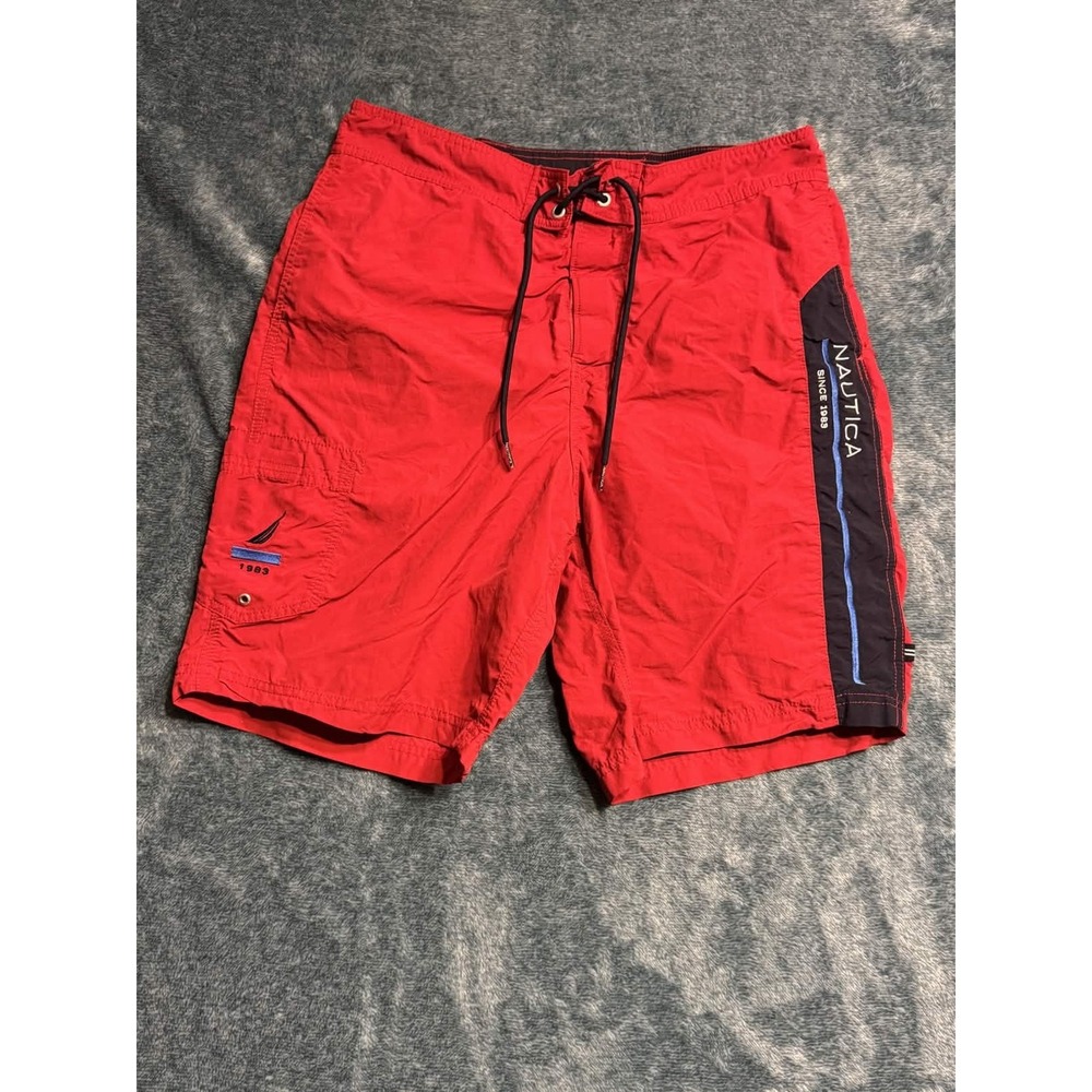Nautica Mens Swimwear Size M Board Shorts Red Nylon Colorblock Swim Trunks 31 In